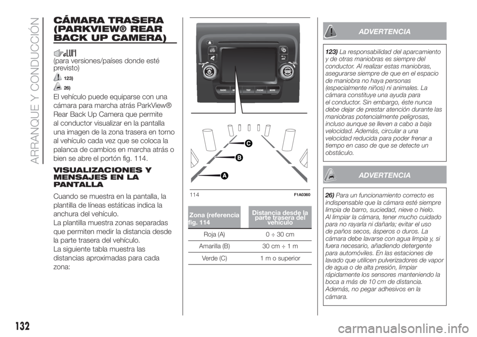 FIAT DUCATO 2017 Manual de Empleo y Cuidado (in Spanish) CÁMARA TRASERA
(PARKVIEW® REAR
BACK UP CAMERA)
(para versiones/países donde esté
previsto)
123)
26)
El vehículo puede equiparse con una
cámara para marcha atrás ParkView®
Rear Back Up Camera q FIAT DUCATO 2017 Manual de Empleo y Cuidado (in Spanish) CÁMARA TRASERA
(PARKVIEW® REAR
BACK UP CAMERA)
(para versiones/países donde esté
previsto)
123)
26)
El vehículo puede equiparse con una
cámara para marcha atrás ParkView®
Rear Back Up Camera q