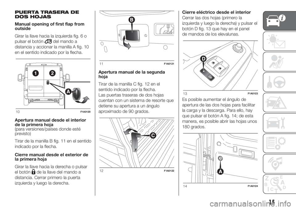 FIAT DUCATO 2017 Manual de Empleo y Cuidado (in Spanish) PUERTA TRASERA DE
DOS HOJAS
Manual opening of first flap from
outside
Girar la llave hacia la izquierda fig. 6 o
pulsar el botón
del mando a
distancia y accionar la manilla A fig. 10
en el sentido in FIAT DUCATO 2017 Manual de Empleo y Cuidado (in Spanish) PUERTA TRASERA DE
DOS HOJAS
Manual opening of first flap from
outside
Girar la llave hacia la izquierda fig. 6 o
pulsar el botón
del mando a
distancia y accionar la manilla A fig. 10
en el sentido in