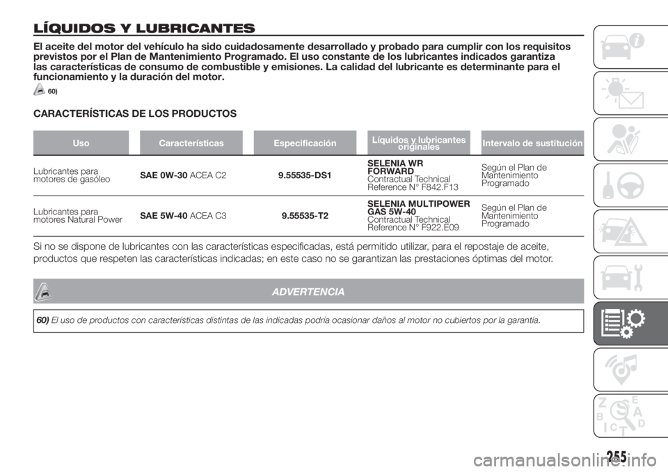 FIAT DUCATO 2017 Manual de Empleo y Cuidado (in Spanish) LÍQUIDOS Y LUBRICANTES
El aceite del motor del vehículo ha sido cuidadosamente desarrollado y probado para cumplir con los requisitos
previstos por el Plan de Mantenimiento Programado. El uso consta FIAT DUCATO 2017 Manual de Empleo y Cuidado (in Spanish) LÍQUIDOS Y LUBRICANTES
El aceite del motor del vehículo ha sido cuidadosamente desarrollado y probado para cumplir con los requisitos
previstos por el Plan de Mantenimiento Programado. El uso consta