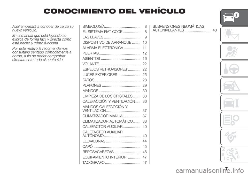 FIAT DUCATO 2017 Manual de Empleo y Cuidado (in Spanish) CONOCIMIENTO DEL VEHÍCULO
Aquí empezará a conocer de cerca su
nuevo vehículo.
En el manual que está leyendo se
explica de forma fácil y directa cómo
está hecho y cómo funciona.
Por este motiv FIAT DUCATO 2017 Manual de Empleo y Cuidado (in Spanish) CONOCIMIENTO DEL VEHÍCULO
Aquí empezará a conocer de cerca su
nuevo vehículo.
En el manual que está leyendo se
explica de forma fácil y directa cómo
está hecho y cómo funciona.
Por este motiv