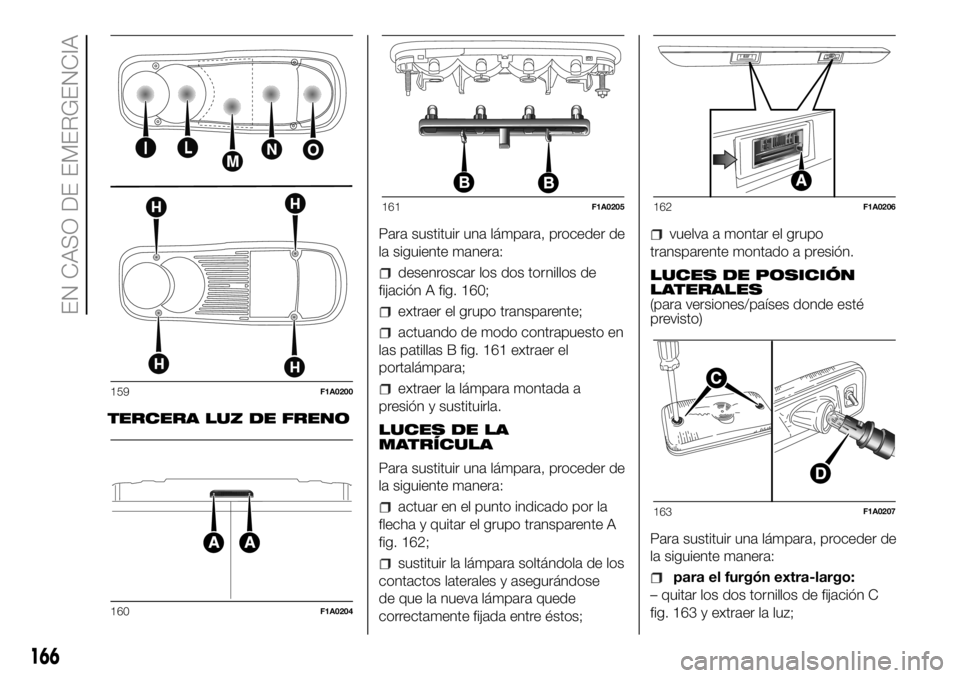 FIAT DUCATO 2018  Manual de Empleo y Cuidado (in Spanish) TERCERA LUZ DE FRENOPara sustituir una lámpara, proceder de
la siguiente manera:
desenroscar los dos tornillos de
fijación A fig. 160;
extraer el grupo transparente;
actuando de modo contrapuesto en