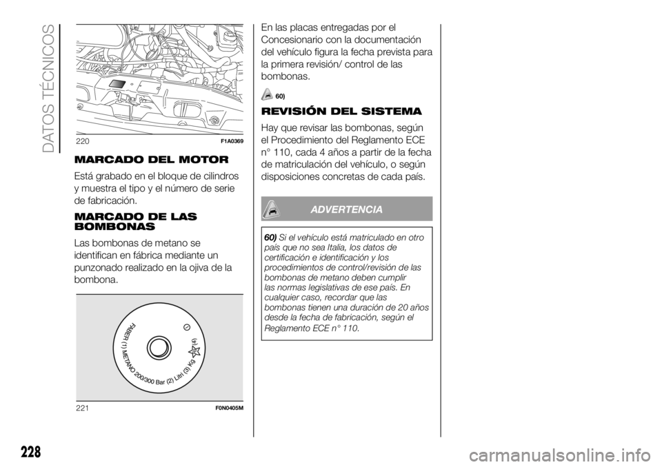 FIAT DUCATO 2018 Manual de Empleo y Cuidado (in Spanish) MARCADO DEL MOTOR
Está grabado en el bloque de cilindros
y muestra el tipo y el número de serie
de fabricación.
MARCADO DE LAS
BOMBONAS
Las bombonas de metano se
identifican en fábrica mediante un FIAT DUCATO 2018 Manual de Empleo y Cuidado (in Spanish) MARCADO DEL MOTOR
Está grabado en el bloque de cilindros
y muestra el tipo y el número de serie
de fabricación.
MARCADO DE LAS
BOMBONAS
Las bombonas de metano se
identifican en fábrica mediante un