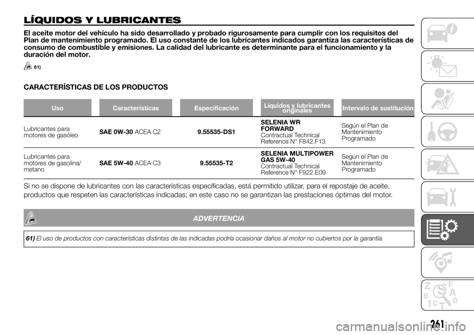 FIAT DUCATO 2018 Manual de Empleo y Cuidado (in Spanish) LÍQUIDOS Y LUBRICANTES
El aceite motor del vehículo ha sido desarrollado y probado rigurosamente para cumplir con los requisitos del
Plan de mantenimiento programado. El uso constante de los lubrica FIAT DUCATO 2018 Manual de Empleo y Cuidado (in Spanish) LÍQUIDOS Y LUBRICANTES
El aceite motor del vehículo ha sido desarrollado y probado rigurosamente para cumplir con los requisitos del
Plan de mantenimiento programado. El uso constante de los lubrica