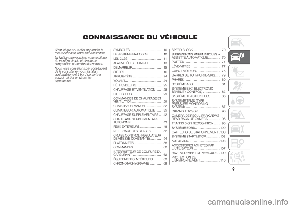 FIAT DUCATO 2014  Notice dentretien (in French) CONNAISSANCE DU VÉHICULE
C'est ici que vous allez apprendre à
mieux connaître votre nouvelle voiture.
La Notice que vous lisez vous explique
de manière simple et directe sa
composition et son 