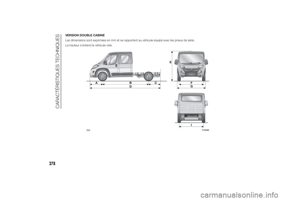 FIAT DUCATO 2014  Notice dentretien (in French) VERSION DOUBLE CABINE
Les dimensions sont exprimées en mm et se rapportent au véhicule équipé avec les pneus de série.
La hauteur s'entend le véhicule vide.
254
F1A0368
278
CARACTÉRISTIQUES