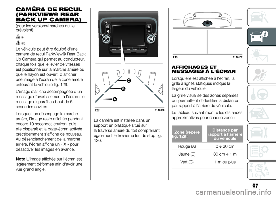 FIAT DUCATO 2015  Notice dentretien (in French) CAMÉRA DE RECUL
(PARKVIEW® REAR
BACK UP CAMERA)
(pour les versions/marchés qui le
prévoient)
9)
81)
Le véhicule peut être équipé d'une
caméra de recul ParkView® Rear Back
Up Camera qui p