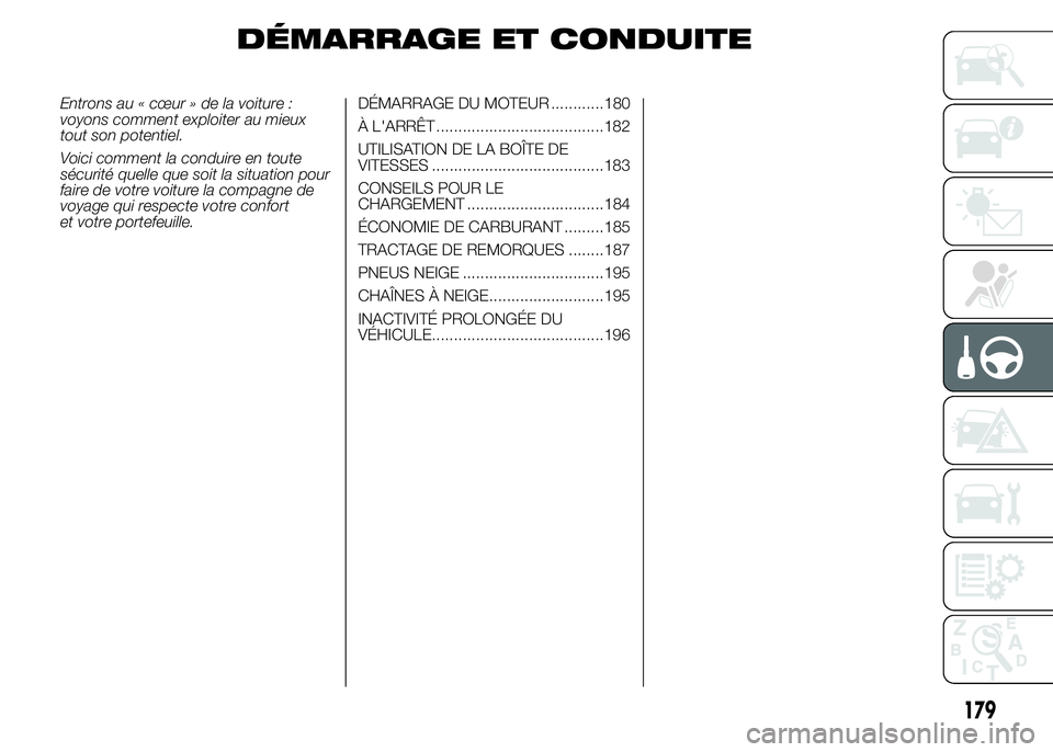 FIAT DUCATO 2015  Notice dentretien (in French) DÉMARRAGE ET CONDUITE
Entrons au « cœur » de la voiture :
voyons comment exploiter au mieux
tout son potentiel.
Voici comment la conduire en toute
sécurité quelle que soit la situation pour
fair