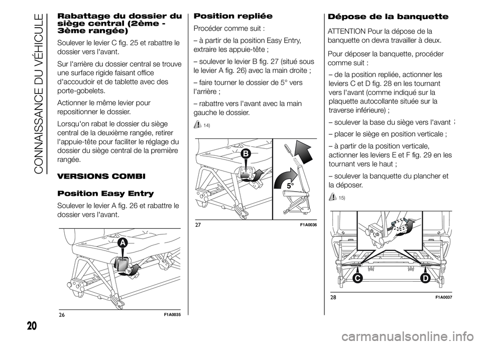 FIAT DUCATO 2015  Notice dentretien (in French) Rabattage du dossier du
siège central (2ème -
3ème rangée)
Soulever le levier C fig. 25 et rabattre le
dossier vers l'avant.
Sur l'arrière du dossier central se trouve
une surface rigide 
