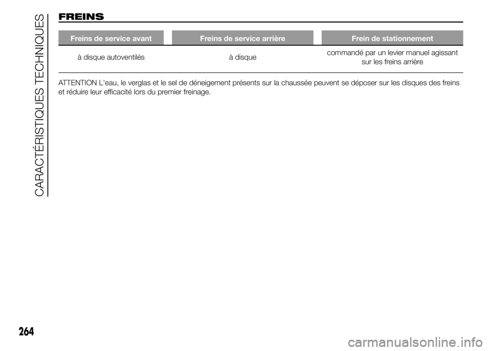 FIAT DUCATO 2015  Notice dentretien (in French) FREINS
Freins de service avant Freins de service arrière Frein de stationnement
à disque autoventilés à disquecommandé par un levier manuel agissant
sur les freins arrière
ATTENTION L'eau, l