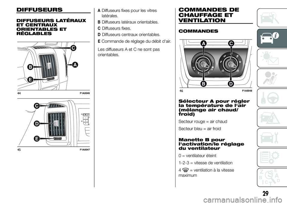 FIAT DUCATO 2015  Notice dentretien (in French) DIFFUSEURS
DIFFUSEURS LATÉRAUX
ET CENTRAUX
ORIENTABLES ET
RÉGLABLES
ADiffuseurs fixes pour les vitres
latérales.
BDiffuseurs latéraux orientables.
CDiffuseurs fixes.
DDiffuseurs centraux orientabl