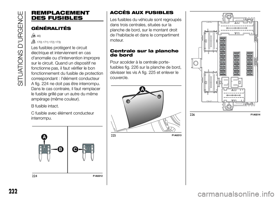 FIAT DUCATO 2016  Notice dentretien (in French) REMPLACEMENT
DES FUSIBLES
GÉNÉRALITÉS
46)
170) 171) 172) 173)
Les fusibles protègent le circuit
électrique et interviennent en cas
d'anomalie ou d'intervention impropre
sur le circuit. Qu