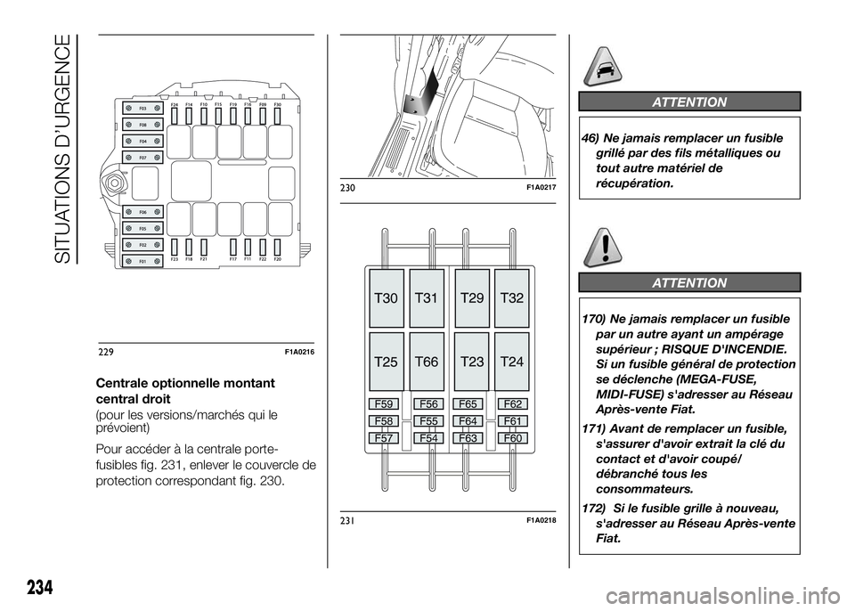 FIAT DUCATO 2016  Notice dentretien (in French) Centrale optionnelle montant
central droit
(pour les versions/marchés qui le
prévoient)
Pour accéder à la centrale porte-
fusibles fig. 231, enlever le couvercle de
protection correspondant fig. 2