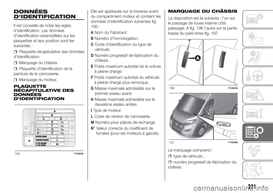 FIAT DUCATO 2017  Notice dentretien (in French) DONNÉES
D'IDENTIFICATION
Il est conseillé de noter les sigles
d'identification. Les données
d'identification estampillées sur les
plaquettes et leur position sont les
suivantes :
Plaqu