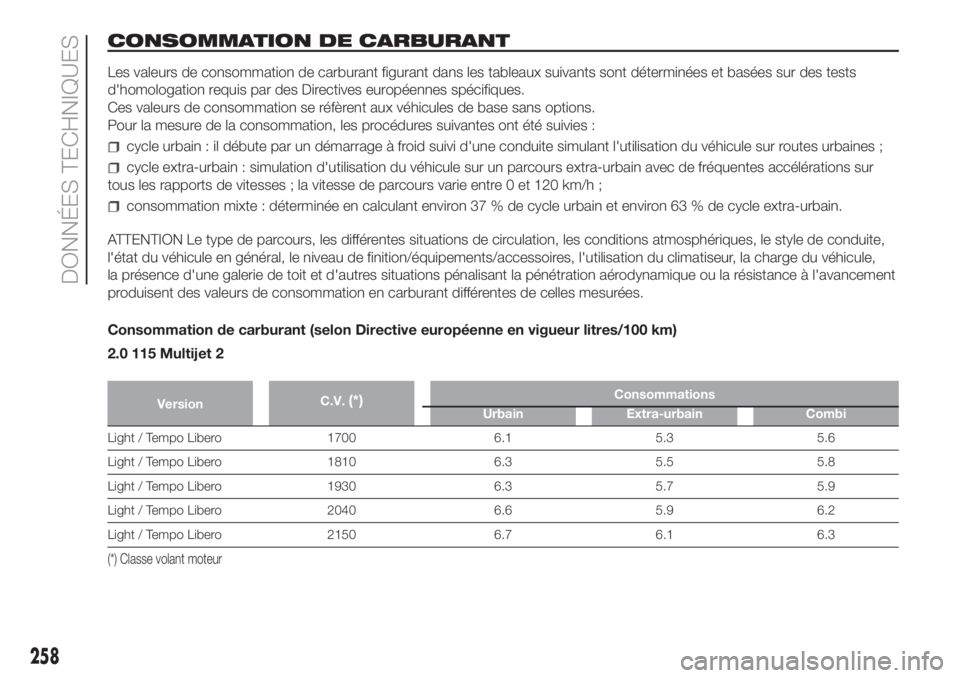 FIAT DUCATO 2017  Notice dentretien (in French) CONSOMMATION DE CARBURANT
Les valeurs de consommation de carburant figurant dans les tableaux suivants sont déterminées et basées sur des tests
d'homologation requis par des Directives europée