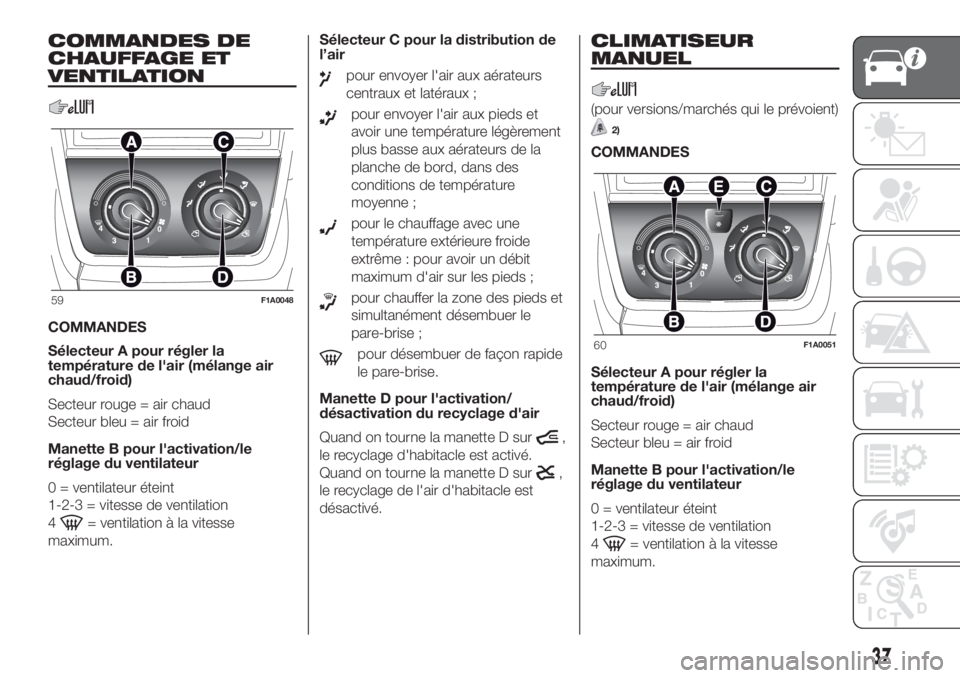 FIAT DUCATO 2017  Notice dentretien (in French) COMMANDES DE
CHAUFFAGE ET
VENTILATION
COMMANDES
Sélecteur A pour régler la
température de l'air (mélange air
chaud/froid)
Secteur rouge = air chaud
Secteur bleu = air froid
Manette B pour l