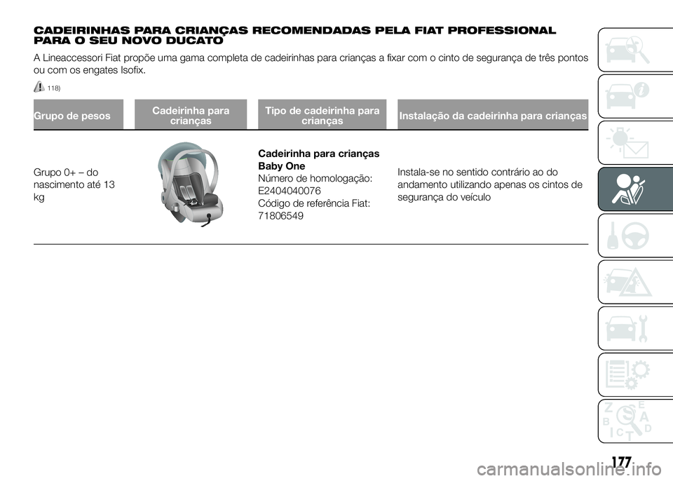 FIAT DUCATO 2016  Manual de Uso e Manutenção (in Portuguese) CADEIRINHAS PARA CRIANÇAS RECOMENDADAS PELA FIAT PROFESSIONAL
PARA O SEU NOVO DUCATO
A Lineaccessori Fiat propõe uma gama completa de cadeirinhas para crianças a fixar com o cinto de segurança de 