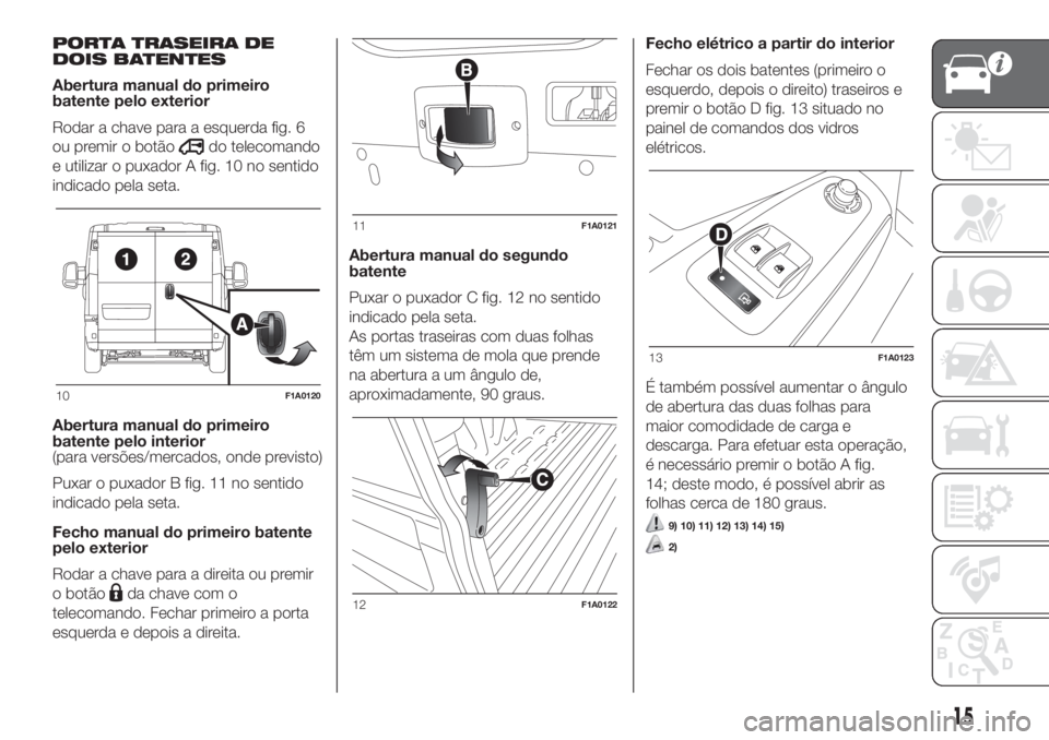 FIAT DUCATO 2017 Manual de Uso e Manutenção (in Portuguese) PORTA TRASEIRA DE
DOIS BATENTES
Abertura manual do primeiro
batente pelo exterior
Rodar a chave para a esquerda fig. 6
ou premir o botão
do telecomando
e utilizar o puxador A fig. 10 no sentido
indic FIAT DUCATO 2017 Manual de Uso e Manutenção (in Portuguese) PORTA TRASEIRA DE
DOIS BATENTES
Abertura manual do primeiro
batente pelo exterior
Rodar a chave para a esquerda fig. 6
ou premir o botão
do telecomando
e utilizar o puxador A fig. 10 no sentido
indic