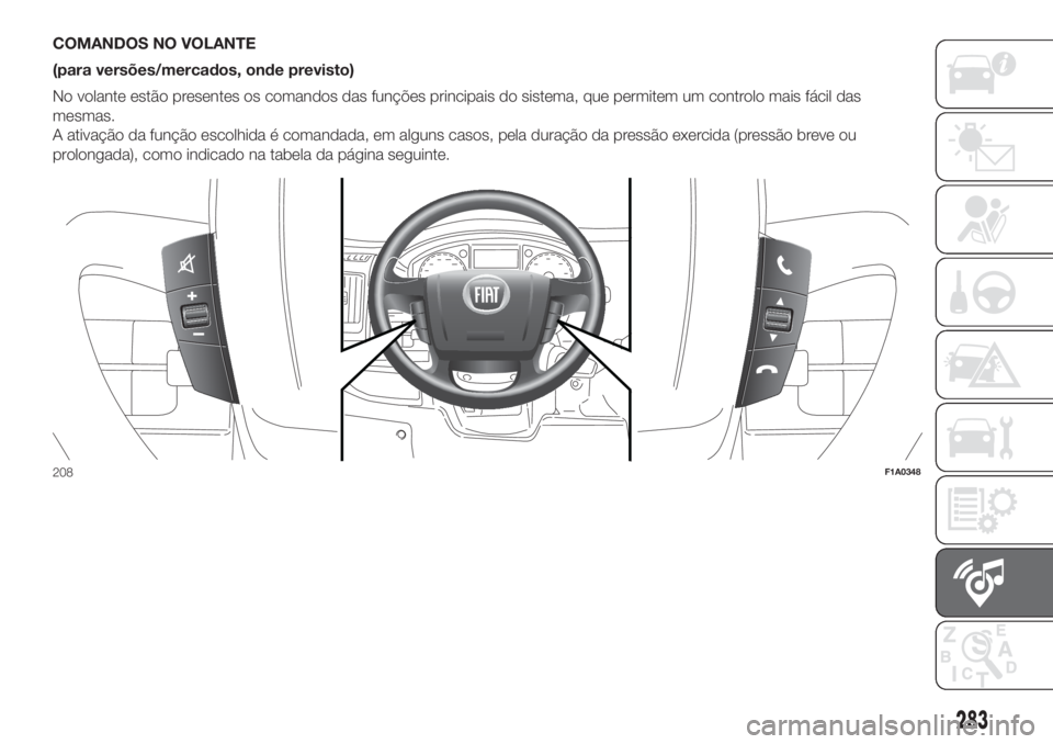 FIAT DUCATO 2017  Manual de Uso e Manutenção (in Portuguese) COMANDOS NO VOLANTE
(para versões/mercados, onde previsto)
No volante estão presentes os comandos das funções principais do sistema, que permitem um controlo mais fácil das
mesmas.
A ativação d
