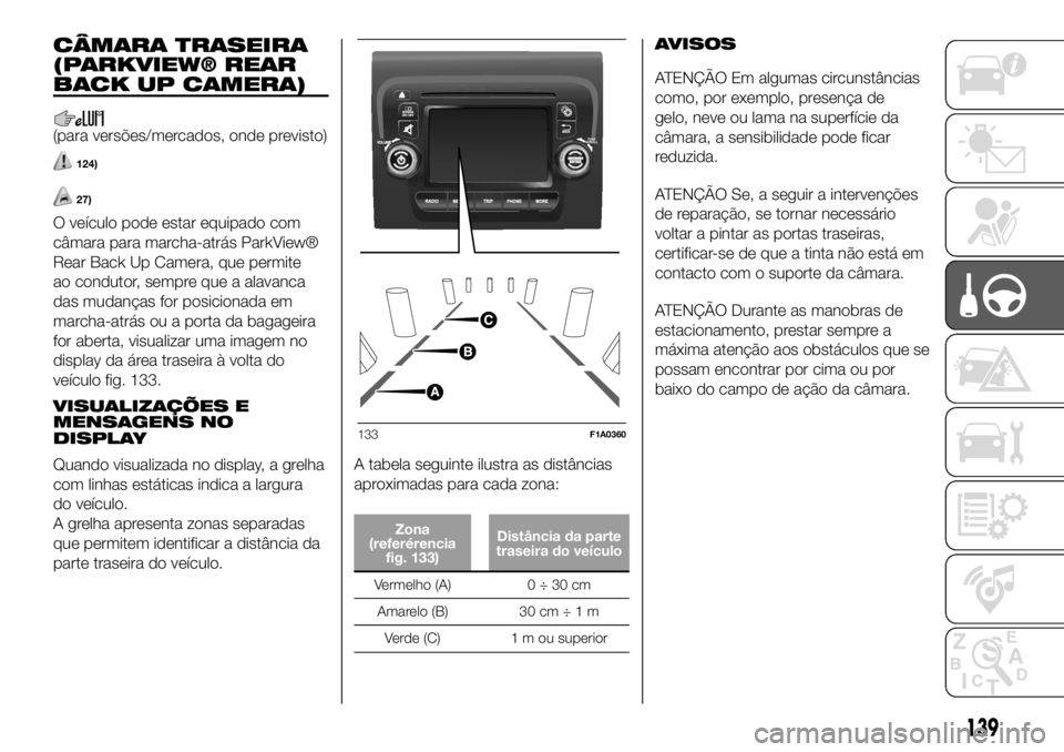 FIAT DUCATO 2018 Manual de Uso e Manutenção (in Portuguese) CÂMARA TRASEIRA
(PARKVIEW® REAR
BACK UP CAMERA)
(para versões/mercados, onde previsto)
124)
27)
O veículo pode estar equipado com
câmara para marcha-atrás ParkView®
Rear Back Up Camera, que per FIAT DUCATO 2018 Manual de Uso e Manutenção (in Portuguese) CÂMARA TRASEIRA
(PARKVIEW® REAR
BACK UP CAMERA)
(para versões/mercados, onde previsto)
124)
27)
O veículo pode estar equipado com
câmara para marcha-atrás ParkView®
Rear Back Up Camera, que per