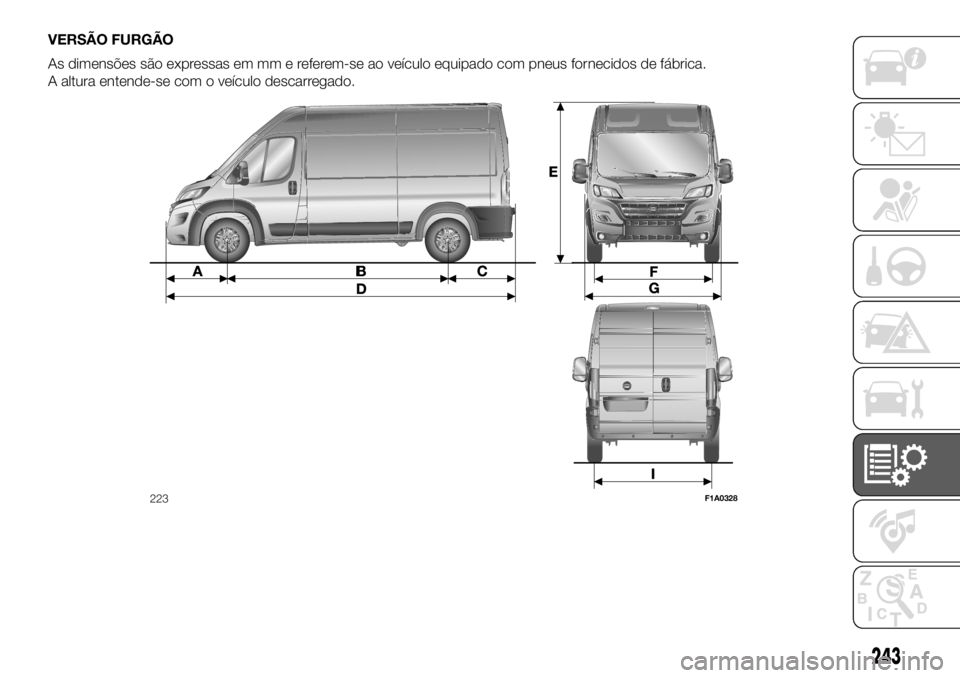 FIAT DUCATO 2018  Manual de Uso e Manutenção (in Portuguese) VERSÃO FURGÃO
As dimensões são expressas em mm e referem-se ao veículo equipado com pneus fornecidos de fábrica.
A altura entende-se com o veículo descarregado.
223F1A0328
243 
