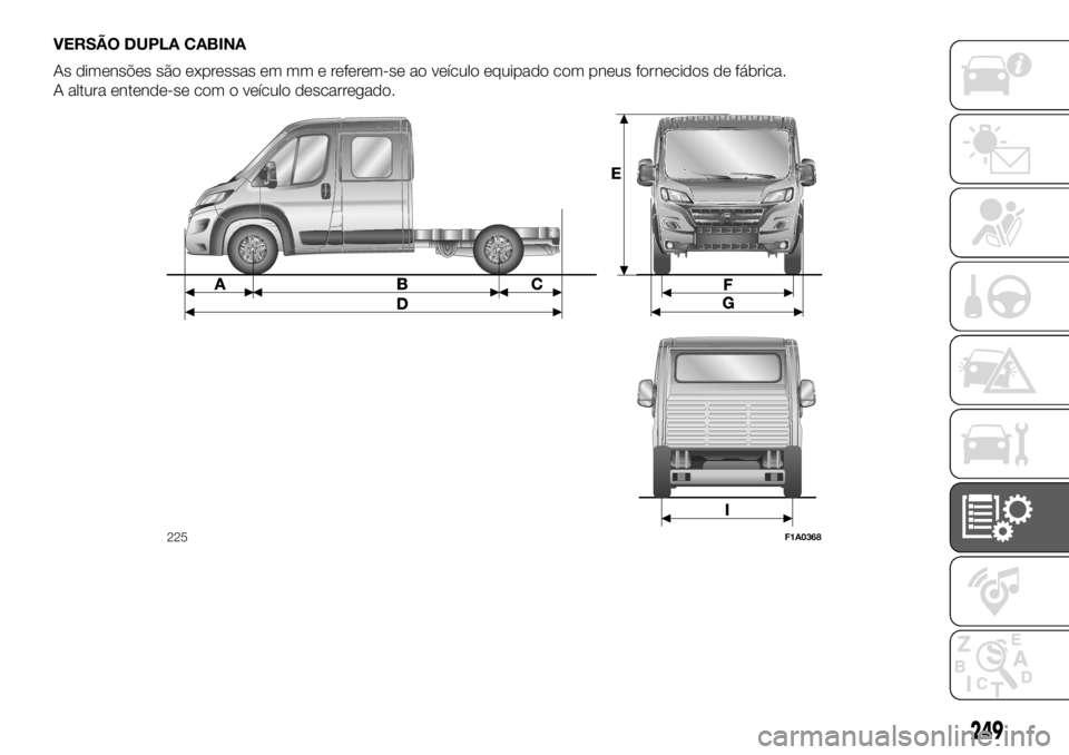 FIAT DUCATO 2018  Manual de Uso e Manutenção (in Portuguese) VERSÃO DUPLA CABINA
As dimensões são expressas em mm e referem-se ao veículo equipado com pneus fornecidos de fábrica.
A altura entende-se com o veículo descarregado.
225F1A0368
249 