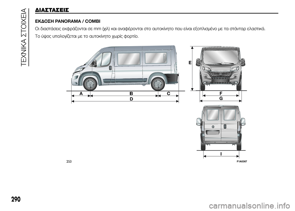FIAT DUCATO 2015  ΒΙΒΛΙΟ ΧΡΗΣΗΣ ΚΑΙ ΣΥΝΤΗΡΗΣΗΣ (in Greek) ΔΙΑΣΤΑΣΕΙΣ
ΕΚΔΟΣΗ PANORAMA / COMBI
Οι διαστάσεις εκφράζονται σε mm (χιλ) και αναφέρονται στο αυτοκίνητο που είναι εξο