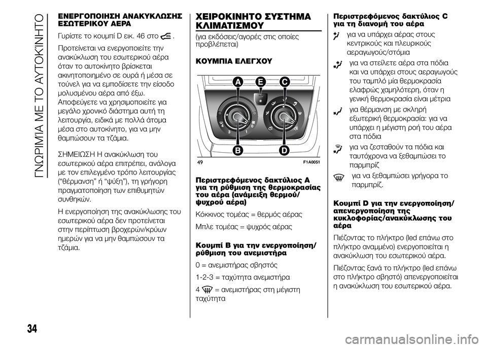 FIAT DUCATO 2015 ΒΙΒΛΙΟ ΧΡΗΣΗΣ ΚΑΙ ΣΥΝΤΗΡΗΣΗΣ (in Greek) ΕΝΕΡΓΟΠΟΙΗΣΗ ΑΝΑΚΥΚΛΩΣΗΣ
ΕΣΩΤΕΡΙΚΟΥ ΑΕΡΑ
Γυρίστε το κουμπί D εικ. 46 στο
.
Προτείνεται να ενεργοποιείτε την
αν FIAT DUCATO 2015 ΒΙΒΛΙΟ ΧΡΗΣΗΣ ΚΑΙ ΣΥΝΤΗΡΗΣΗΣ (in Greek) ΕΝΕΡΓΟΠΟΙΗΣΗ ΑΝΑΚΥΚΛΩΣΗΣ
ΕΣΩΤΕΡΙΚΟΥ ΑΕΡΑ
Γυρίστε το κουμπί D εικ. 46 στο
.
Προτείνεται να ενεργοποιείτε την
αν