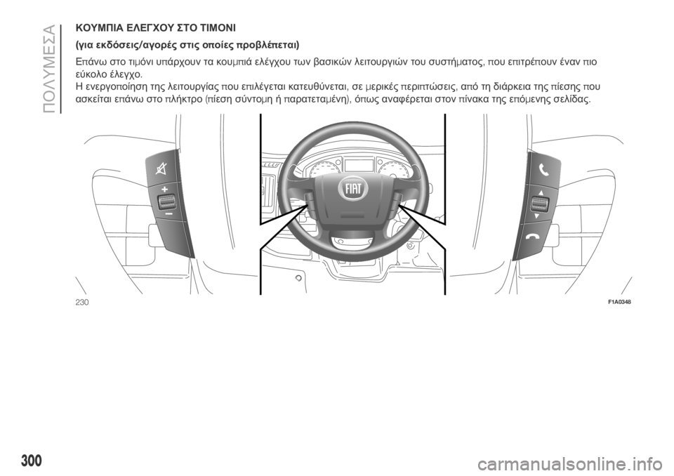 FIAT DUCATO 2018  ΒΙΒΛΙΟ ΧΡΗΣΗΣ ΚΑΙ ΣΥΝΤΗΡΗΣΗΣ (in Greek) ΚΟΥΜΠΙΑ ΕΛΕΓΧΟΥ ΣΤΟ ΤΙΜΟΝΙ
(για εκδόσεις/αγορές στις οποίεςπροβλέπεται)
Επάνω στο τιμόνι υπάρχουν τα κουμπιά