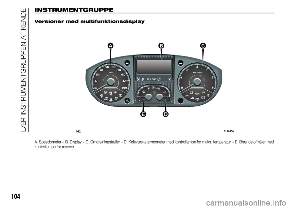FIAT DUCATO 2015  Brugs- og vedligeholdelsesvejledning (in Danish) INSTRUMENTGRUPPE.
Versioner med multifunktionsdisplay
A. Speedometer – B. Display – C. Omdrejningstæller – D. Kølevæsketermometer med kontrollampe for maks. temperatur – E. Brændstofmåler