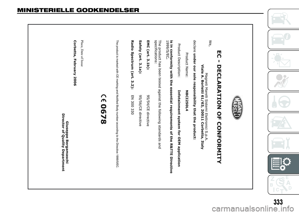 FIAT DUCATO 2015  Brugs- og vedligeholdelsesvejledning (in Danish) MINISTERIELLE GODKENDELSER
333 