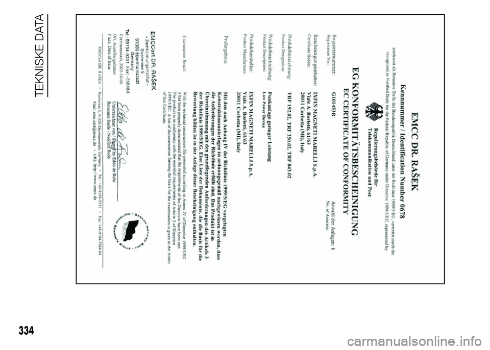 FIAT DUCATO 2015  Brugs- og vedligeholdelsesvejledning (in Danish) 334
TEKNISKE DATA 