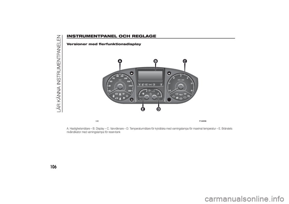 FIAT DUCATO 2014  Drift- och underhållshandbok (in Swedish) INSTRUMENTPANEL OCH REGLAGE
.
Versioner med flerfunktionsdisplayA. Hastighetsmätare – B. Display – C. Varvräknare – D. Temperaturmätare för kylvätska med varningslampa för maximal temperat