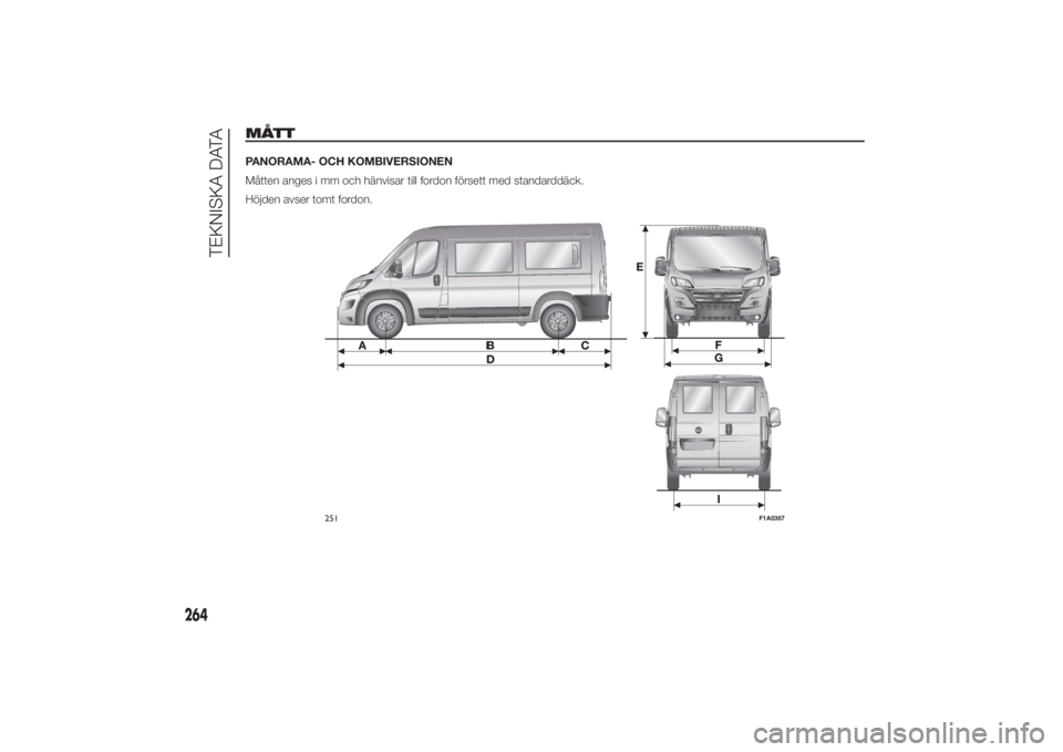 FIAT DUCATO 2014  Drift- och underhållshandbok (in Swedish) MÅTTPANORAMA- OCH KOMBIVERSIONEN
Måtten anges i mm och hänvisar till fordon försett med standarddäck.
Höjden avser tomt fordon.
251
F1A0367
264
TEKNISKA DATA 