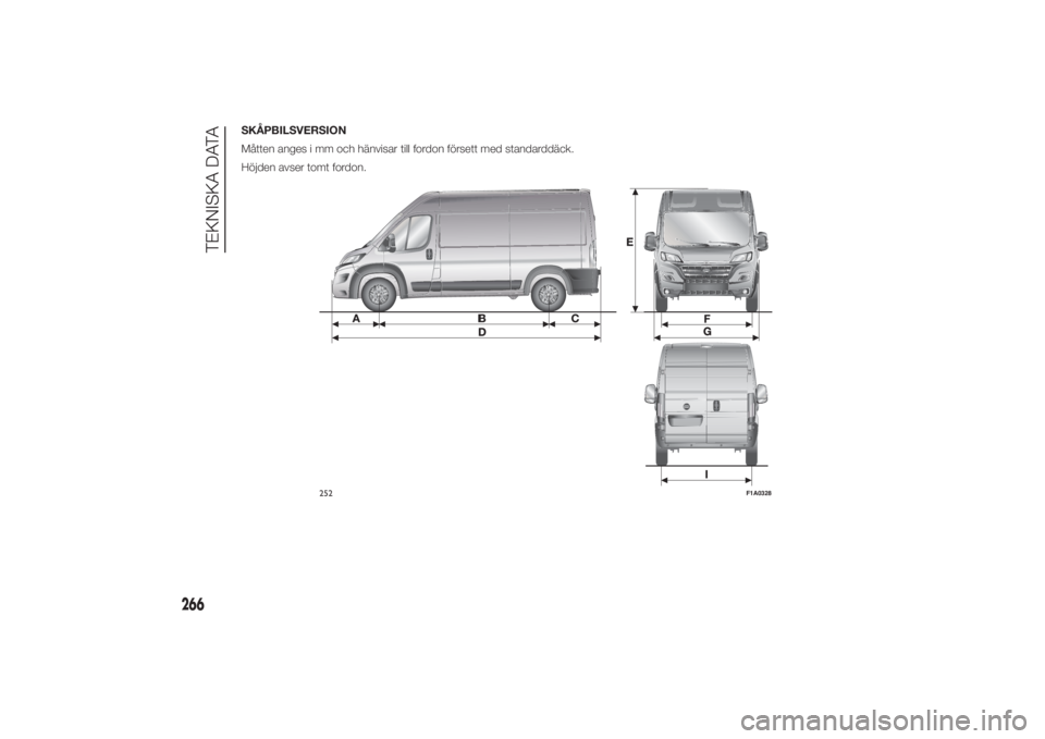 FIAT DUCATO 2014  Drift- och underhållshandbok (in Swedish) SKÅPBILSVERSION
Måtten anges i mm och hänvisar till fordon försett med standarddäck.
Höjden avser tomt fordon.
252
F1A0328
266
TEKNISKA DATA 