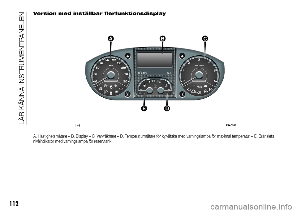 FIAT DUCATO 2016  Drift- och underhållshandbok (in Swedish) Version med inställbar flerfunktionsdisplay
A. Hastighetsmätare – B. Display – C. Varvräknare – D. Temperaturmätare för kylvätska med varningslampa för maximal temperatur – E. Bränslet