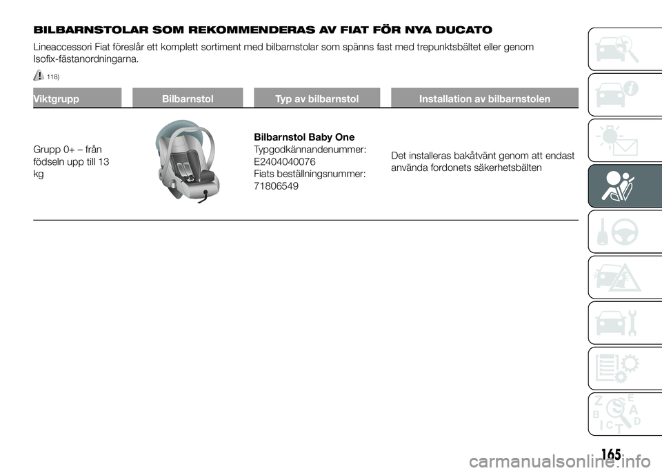 FIAT DUCATO 2016  Drift- och underhållshandbok (in Swedish) BILBARNSTOLAR SOM REKOMMENDERAS AV FIAT FÖR NYA DUCATO
Lineaccessori Fiat föreslår ett komplett sortiment med bilbarnstolar som spänns fast med trepunktsbältet eller genom
Isofix-fästanordningar