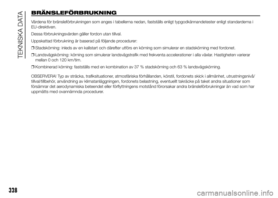 FIAT DUCATO 2016 Drift- och underhållshandbok (in Swedish) BRÄNSLEFÖRBRUKNING
Värdena för bränsleförbrukningen som anges i tabellerna nedan, fastställs enligt typgodkännandetester enligt standarderna i
EU-direktiven.
Dessa förbrukningsvärden gäller FIAT DUCATO 2016 Drift- och underhållshandbok (in Swedish) BRÄNSLEFÖRBRUKNING
Värdena för bränsleförbrukningen som anges i tabellerna nedan, fastställs enligt typgodkännandetester enligt standarderna i
EU-direktiven.
Dessa förbrukningsvärden gäller