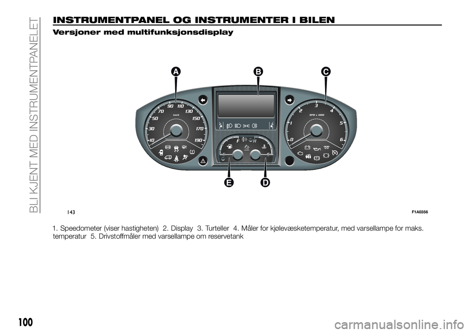FIAT DUCATO 2016  Drift- og vedlikeholdshåndbok (in Norwegian) INSTRUMENTPANEL OG INSTRUMENTER I BILEN
Versjoner med multifunksjonsdisplay
1. Speedometer (viser hastigheten) 2. Display 3. Turteller 4. Måler for kjølevæsketemperatur, med varsellampe for maks.
t