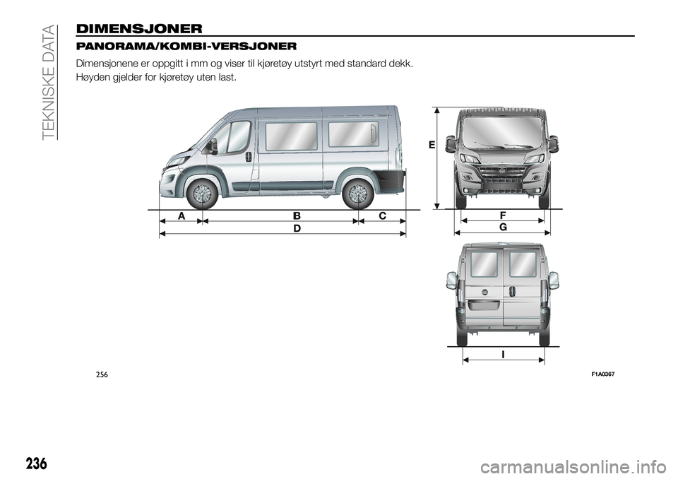 FIAT DUCATO 2016  Drift- og vedlikeholdshåndbok (in Norwegian) DIMENSJONER
PANORAMA/KOMBI-VERSJONER
Dimensjonene er oppgitt i mm og viser til kjøretøy utstyrt med standard dekk.
Høyden gjelder for kjøretøy uten last.
256F1A0367
236
TEKNISKE DATA 