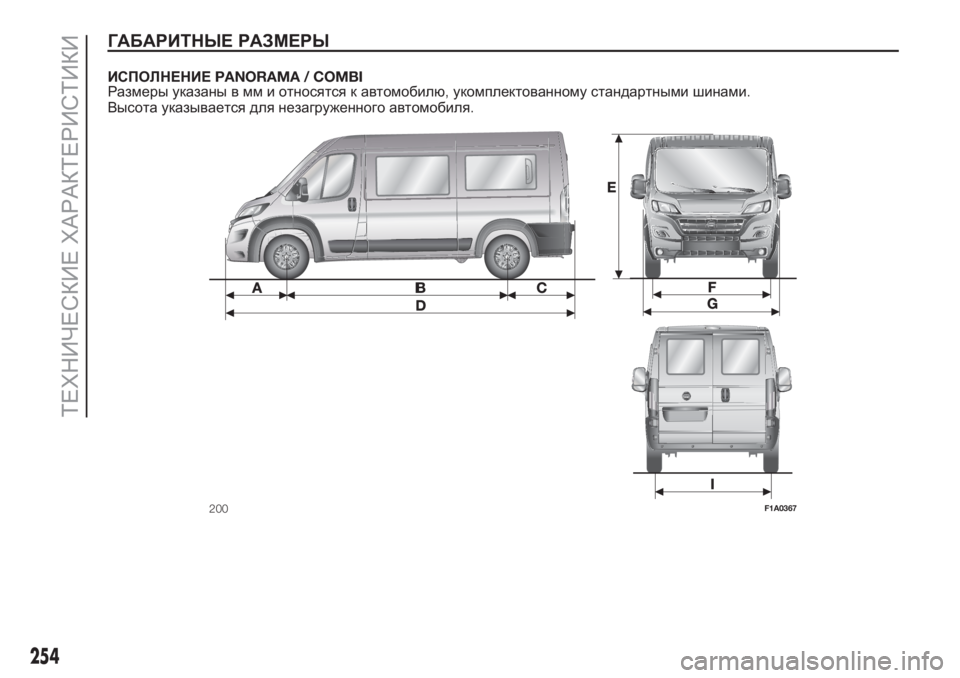 FIAT DUCATO 2017  Руководство по эксплуатации и техобслуживанию (in Russian) ГАБАРИТНЫЕ РАЗМЕРЫ
ИСПОЛНЕНИЕPANORAMA / COMBI
Размеры указаны в мм и относятся к автомобилю,укомплектованному стан