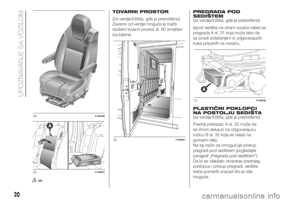 FIAT DUCATO 2017  Knjižica za upotrebu i održavanje (in Serbian) 24)
TOVARNI PROSTOR
(Za verzije/tržišta, gde je predviđeno)
Zavisno od verzije moguće je tražiti
dodatni tovarni prostor sl. 30 smešten
iza kabine.PREGRADA POD
SEDIŠTEM
(za verzije/tržišta, g