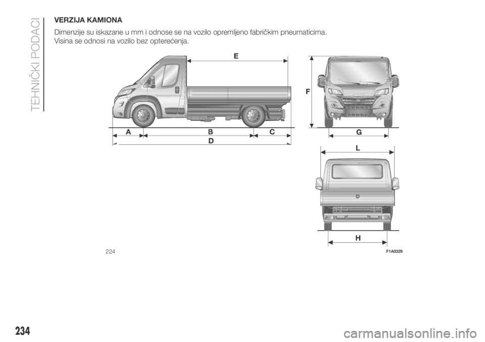 FIAT DUCATO 2018  Knjižica za upotrebu i održavanje (in Serbian) VERZIJA KAMIONA
Dimenzije su iskazane u mm i odnose se na vozilo opremljeno fabričkim pneumaticima.
Visina se odnosi na vozilo bez opterećenja.
224F1A0329
234
TEHNIČKI PODACI 