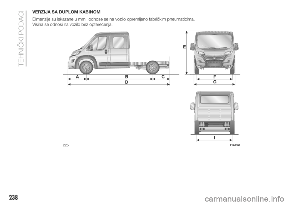 FIAT DUCATO 2018  Knjižica za upotrebu i održavanje (in Serbian) VERZIJA SA DUPLOM KABINOM
Dimenzije su iskazane u mm i odnose se na vozilo opremljeno fabričkim pneumaticima.
Visina se odnosi na vozilo bez opterećenja.
225F1A0368
238
TEHNIČKI PODACI 