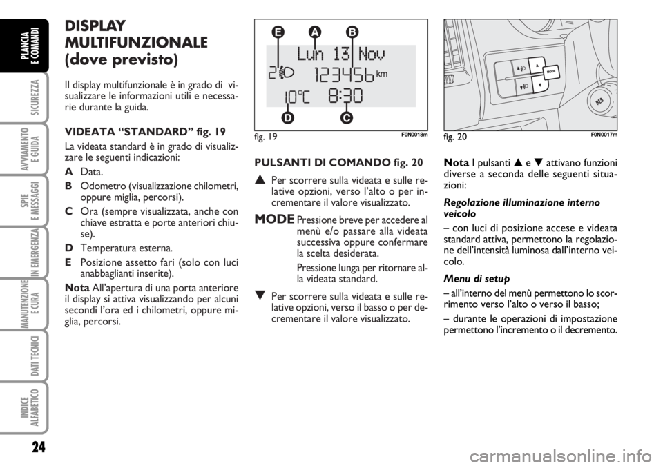 FIAT DUCATO 2006  Libretto Uso Manutenzione (in Italian) PULSANTI DI COMANDO fig. 20
▲Per scorrere sulla videata e sulle re-
lative opzioni, verso l’alto o per in-
crementare il valore visualizzato.
MODEPressione breve per accedere al
menù e/o passare 