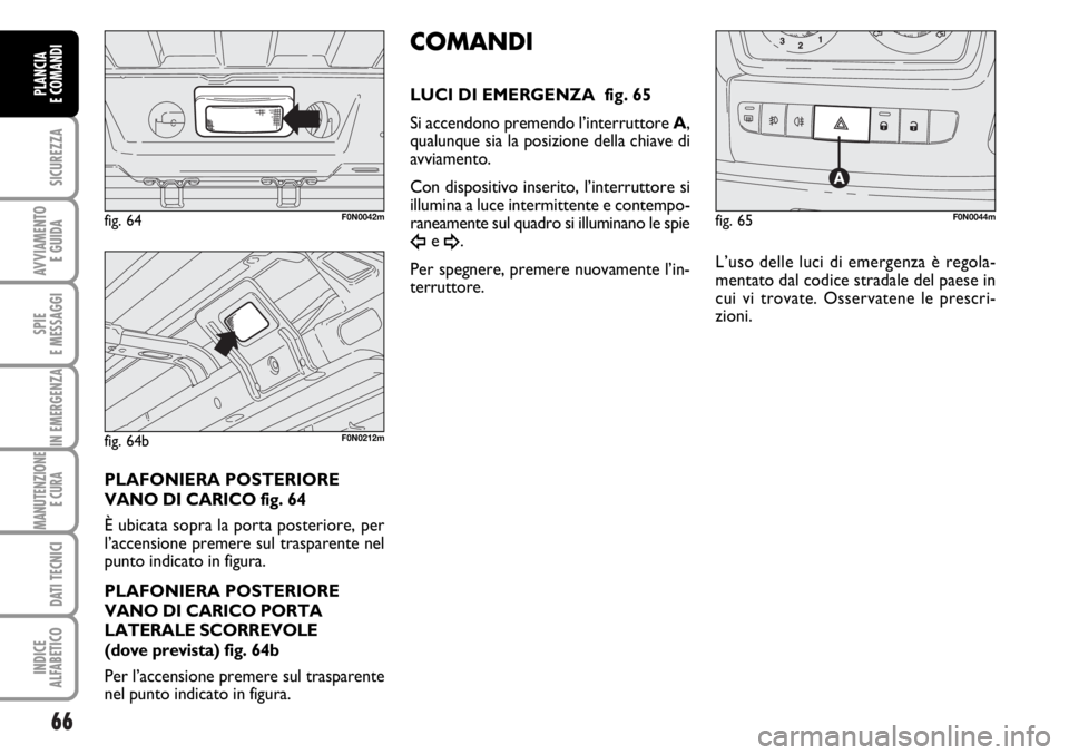 FIAT DUCATO 2006  Libretto Uso Manutenzione (in Italian) 66
SICUREZZA
AVVIAMENTO 
E GUIDA
SPIE
E MESSAGGI
IN EMERGENZA
MANUTENZIONE
E CURA 
DATI TECNICI
INDICE
ALFABETICO
PLANCIA
E COMANDI
PLAFONIERA POSTERIORE
VANO DI CARICO fig. 64
È ubicata sopra la por