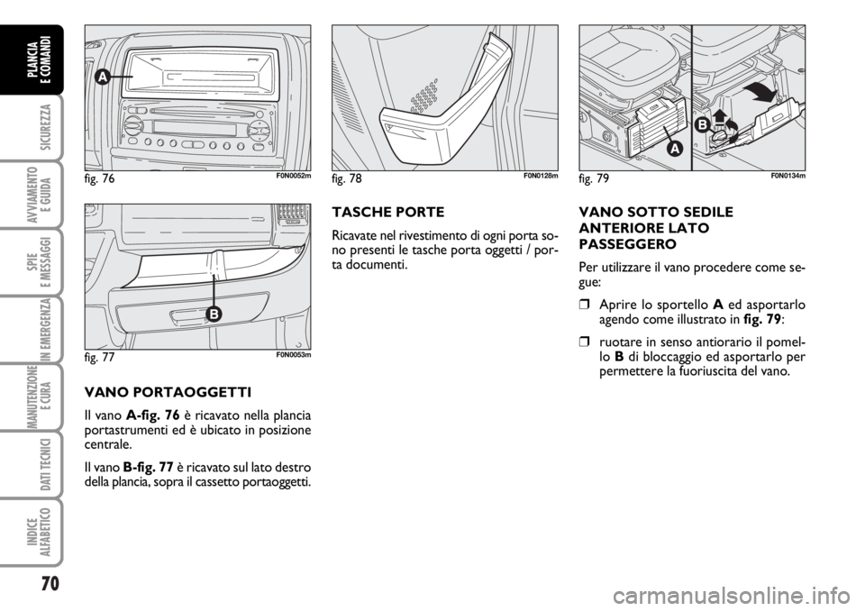 FIAT DUCATO 2006  Libretto Uso Manutenzione (in Italian) 70
SICUREZZA
AVVIAMENTO 
E GUIDA
SPIE
E MESSAGGI
IN EMERGENZA
MANUTENZIONE
E CURA 
DATI TECNICI
INDICE
ALFABETICO
PLANCIA
E COMANDI
fig. 77F0N0053m
fig. 76F0N0052mfig. 79F0N0134mfig. 78F0N0128m
VANO P