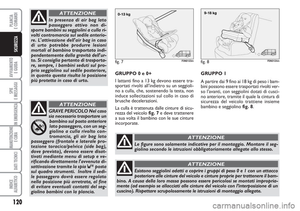 FIAT DUCATO 2007  Libretto Uso Manutenzione (in Italian) 120
AVVIAMENTO 
E GUIDA
SPIE
E MESSAGGI
IN EMERGENZA
MANUTENZIONE
E CURA 
DATI TECNICI
INDICE
ALFABETICO
PLANCIA
E COMANDI
SICUREZZA
GRUPPO 0 e 0+
I lattanti fino a 13 kg devono essere tra-
sportati r