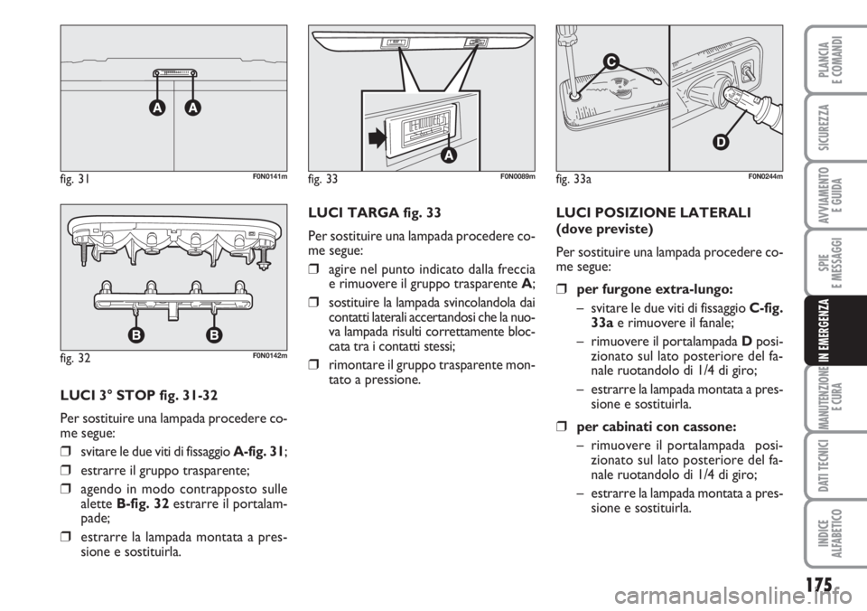 FIAT DUCATO 2007  Libretto Uso Manutenzione (in Italian) 175
SPIE
E MESSAGGI
MANUTENZIONE
E CURA
DATI TECNICI
INDICE
ALFABETICO
PLANCIA
E COMANDI
SICUREZZA
AVVIAMENTO 
E GUIDA
IN EMERGENZA
LUCI 3° STOP fig. 31-32
Per sostituire una lampada procedere co-
me