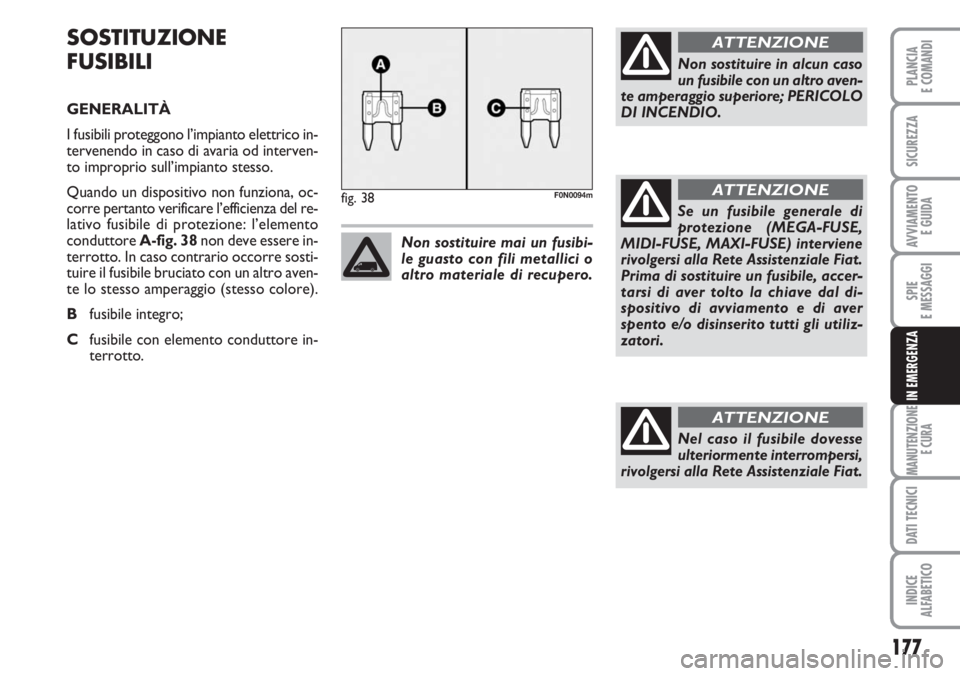 FIAT DUCATO 2007  Libretto Uso Manutenzione (in Italian) 177
SPIE
E MESSAGGI
MANUTENZIONE
E CURA
DATI TECNICI
INDICE
ALFABETICO
PLANCIA
E COMANDI
SICUREZZA
AVVIAMENTO 
E GUIDA
IN EMERGENZA
SOSTITUZIONE
FUSIBILI
GENERALITÀ
I fusibili proteggono l’impianto