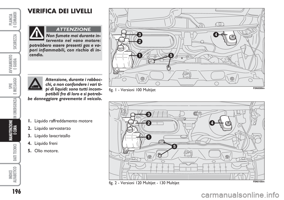 FIAT DUCATO 2007  Libretto Uso Manutenzione (in Italian) 196
SPIE
E MESSAGGI
DATI TECNICI
INDICE
ALFABETICO
PLANCIA
E COMANDI
SICUREZZA
AVVIAMENTO 
E GUIDA
IN EMERGENZA
MANUTENZIONE
E CURA 
VERIFICA DEI LIVELLI
fig. 1 - Versioni 100 Multijet
fig. 2 - Versio